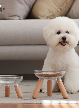 部分现货~韩国Inherent宠物猫狗胡桃木榉木三脚玻璃碗水碗