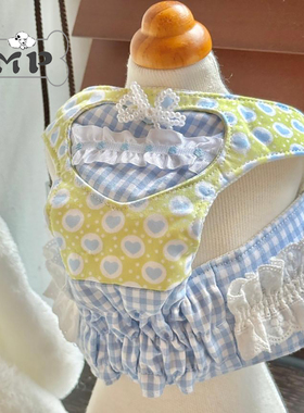 『Memory Pet』韩国代购宠物外出蓝色格子彩色爱心蝴蝶结胸背