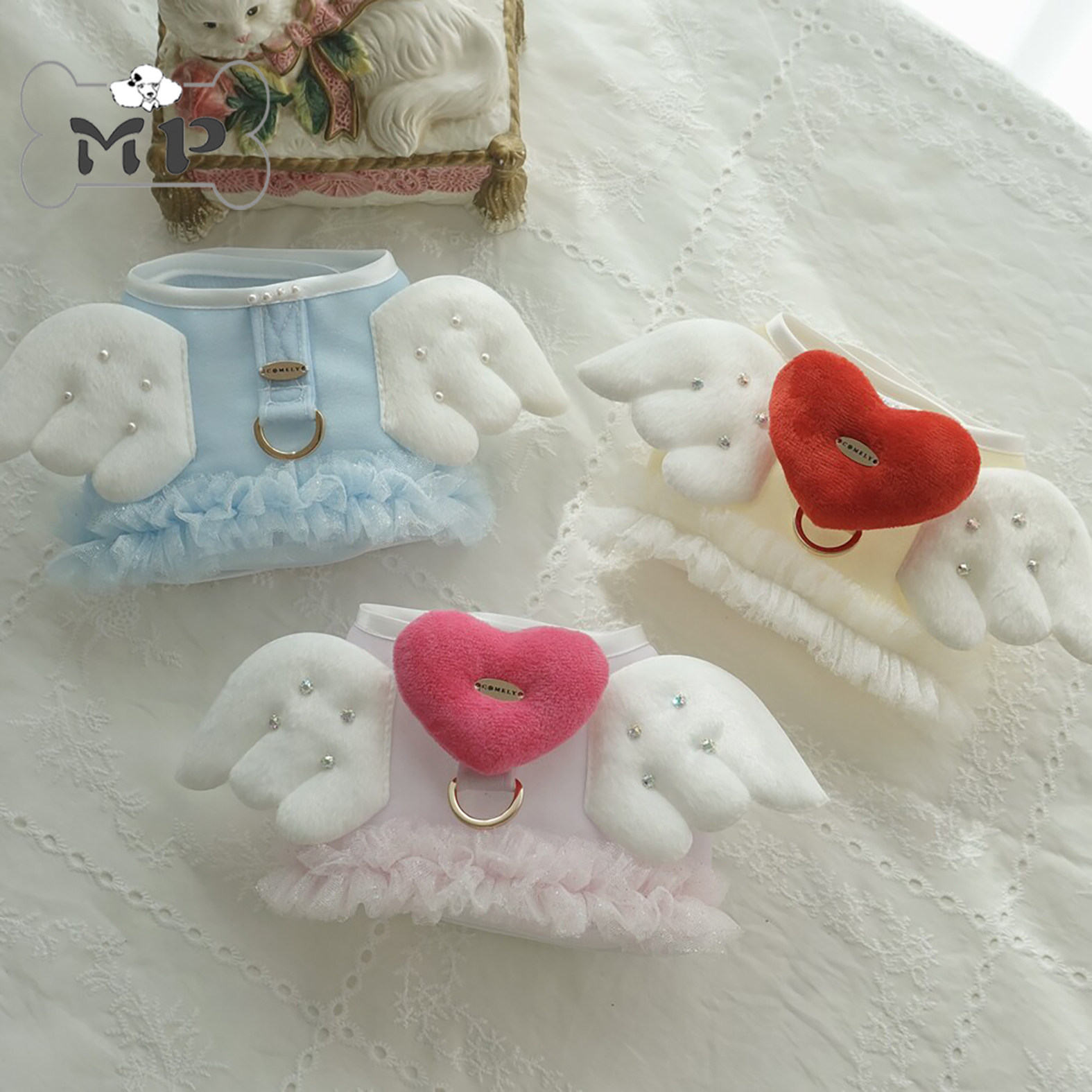 『Memory Pet』韩国代购comely宠物天使亮片薄纱珍珠水钻透气胸背