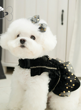 『Memory Pet』韩国宠物黑色网纱烫金波点链条可牵引连衣裙发夹