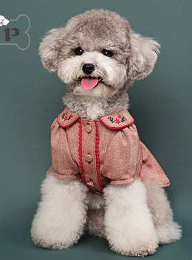 『Memory Pet』韩国代购宠物春秋复古花朵刺绣翻领撞色包边连衣裙