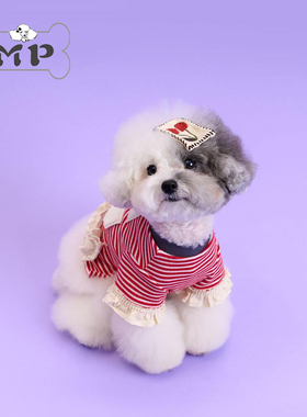 部分现货~韩国comocomo宠物樱桃发夹红色条纹喇叭袖打底T恤