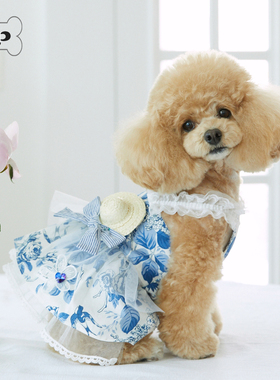 『Memory Pet』韩国iloilo宠物蓝色花园条纹蝴蝶结帽子装饰连衣裙