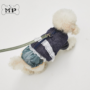 『Memory Pet』韩国louisdog宠物秋冬蕾丝荷叶边可牵引牛仔夹克