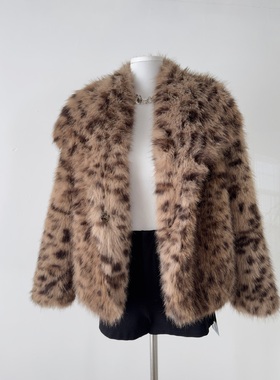 Falin X 翻领豹纹环保皮草外套女休闲秋冬保暖百搭短款设计感上衣