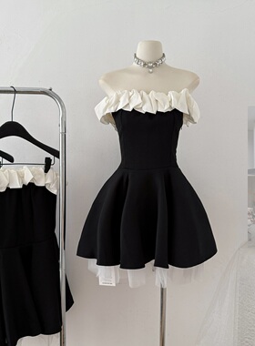 QDQD 法式赫本风蓬蓬裙夏季撞色拼接收腰显瘦气质一字领芭蕾裙子