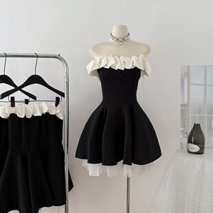 QDQD 法式赫本风蓬蓬裙夏季撞色拼接收腰显瘦气质一字领芭蕾裙子