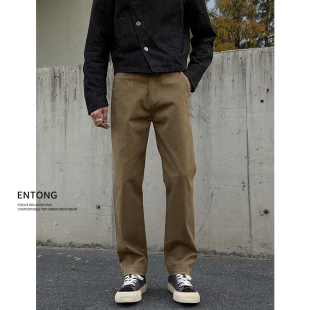 Entong卡其色复古高级感简约休闲裤子男款宽松直筒春秋季百搭长裤