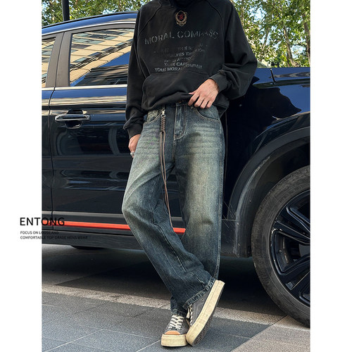 潮牌高级感复古磨白牛仔裤