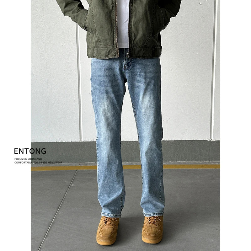 Entong秋季潮牌浅蓝水洗微喇cleanfit牛仔裤子男款修身显瘦直筒裤