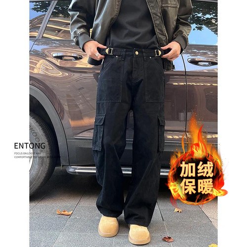 秋冬加绒美式复古工装牛仔裤