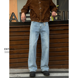 子cleanfit宽松直筒长裤 裤 男款 Entong潮牌高街竹节纹理水洗牛仔裤