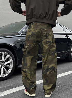 Entong美式迷彩工装牛仔裤男款弯刀a字宽松阔腿裤子百搭痞帅长裤