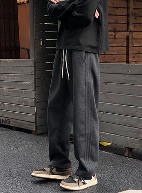 Entong秋季深灰色针织休闲卫裤百搭运动裤子男生美式直筒宽松长裤