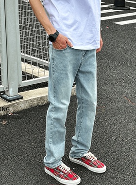 Entong美式复古水洗浅蓝色裤子春秋季男款潮牌直筒百搭修身牛仔裤
