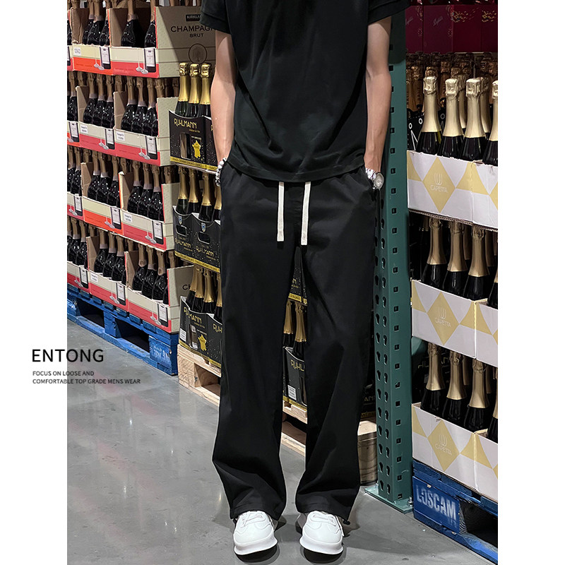 Entong美式潮牌薄款休闲裤子男生抽绳宽松直筒裤黑色潮流百搭长裤
