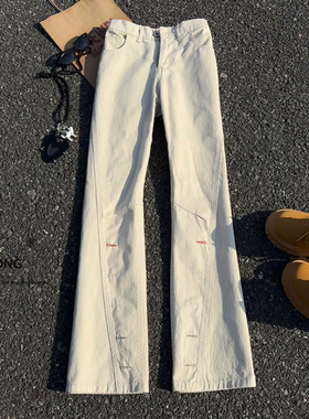 Entong纽扣孔刺绣斜切牛仔裤子男款设计感水洗工装裤直筒微喇长裤