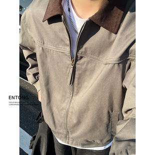 外套 夹克男生春秋潮牌翻领底特律工装 Entong美式 复古vintage短款