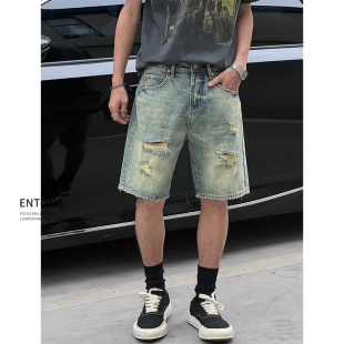 直筒宽松中裤 Entong复古潮流破洞牛仔短裤 痞帅五分裤 新款 男生夏季