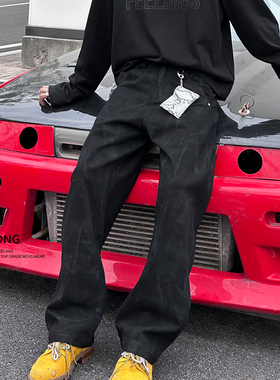 Entong美式复古vibe扎染休闲裤子男款秋季黑色潮流百搭宽松阔腿裤