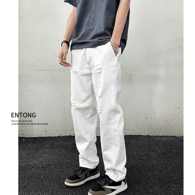 Entong秋季新款潮流白色破洞牛仔裤百搭男款高街美式宽松直筒长裤