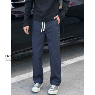 抽绳宽松百搭百搭冲锋裤 子男款 复古蓝色拼接速干休闲裤 Entong美式