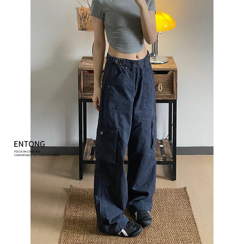 Entong美式复古多口袋藏青色休闲工装裤男伐木水洗做旧直筒长裤子