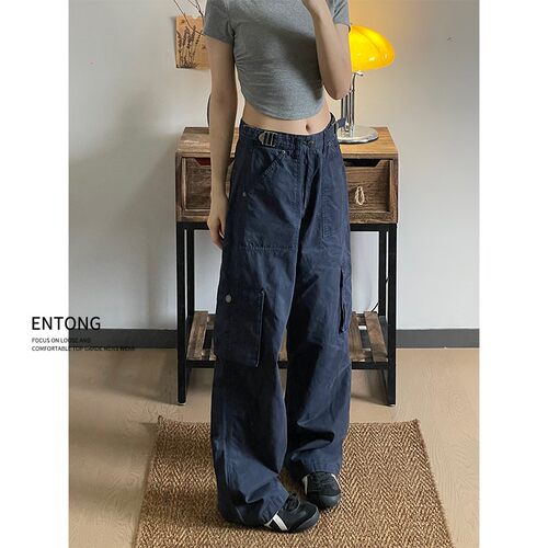 美式复古多口袋藏青色休闲工装裤