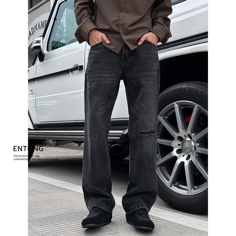 Entong假破洞补丁痞帅宽松牛仔裤子男款秋季新款美式高街直筒长裤