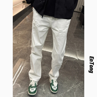 Entong春秋季潮流白色破洞牛仔裤男款美式高街宽松直筒痞帅长裤子