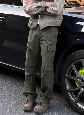 Entong美式潮牌复古军绿色伞兵工装裤男春秋新款宽直筒休闲长裤子