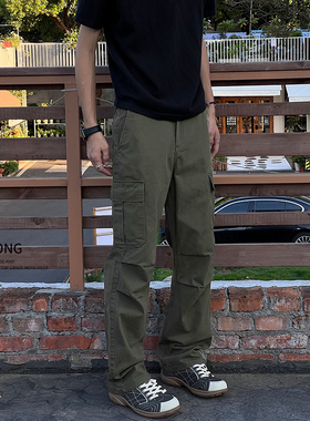 Entong军绿色美式多口袋伞兵工装裤子男生宽松直筒裤子百搭休闲裤