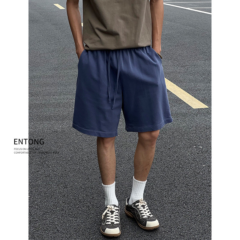 Entong藏蓝色美式重磅水洗垂感短裤男士夏季薄款运动休闲五分中裤