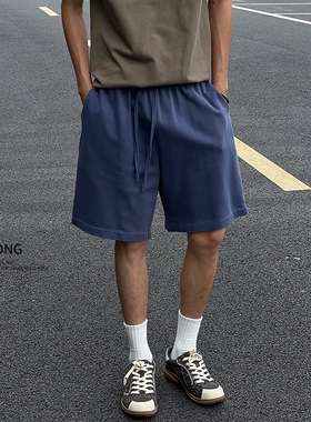 Entong藏蓝色美式重磅水洗垂感短裤男士夏季薄款运动休闲五分中裤