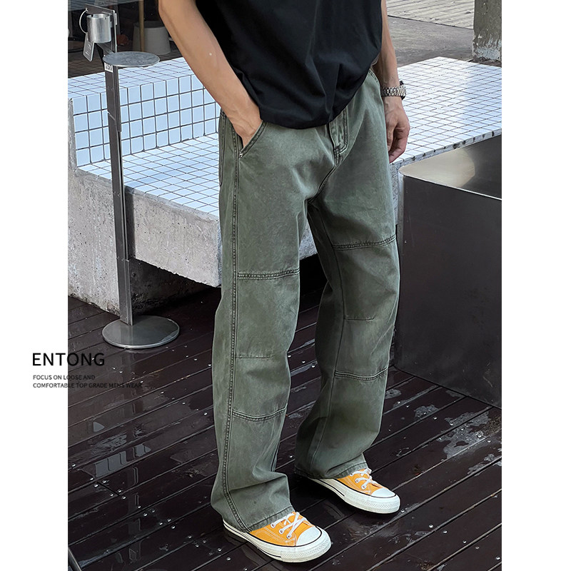 Entong美式军绿色水洗直筒牛仔裤男生拼接设计感宽松裤子百搭长裤