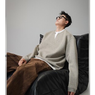 Entong美式潮牌假两件V领卫衣男春秋cleanfit纯色内搭重磅上衣