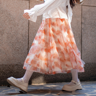 pinkwink小星夜 是鱼啊。原创夏季网纱印花长款大摆飘逸半身裙女