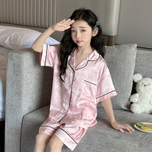 薄款 短裤 女大童空调家居服 睡衣女孩真丝提花短袖 桑蚕丝儿童夏季