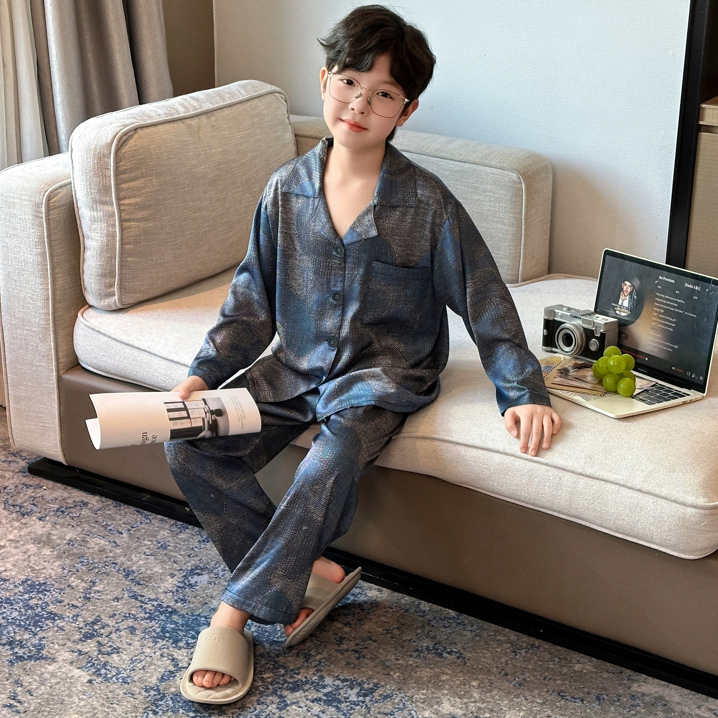 桑蚕丝男童真丝睡衣儿童长袖真丝