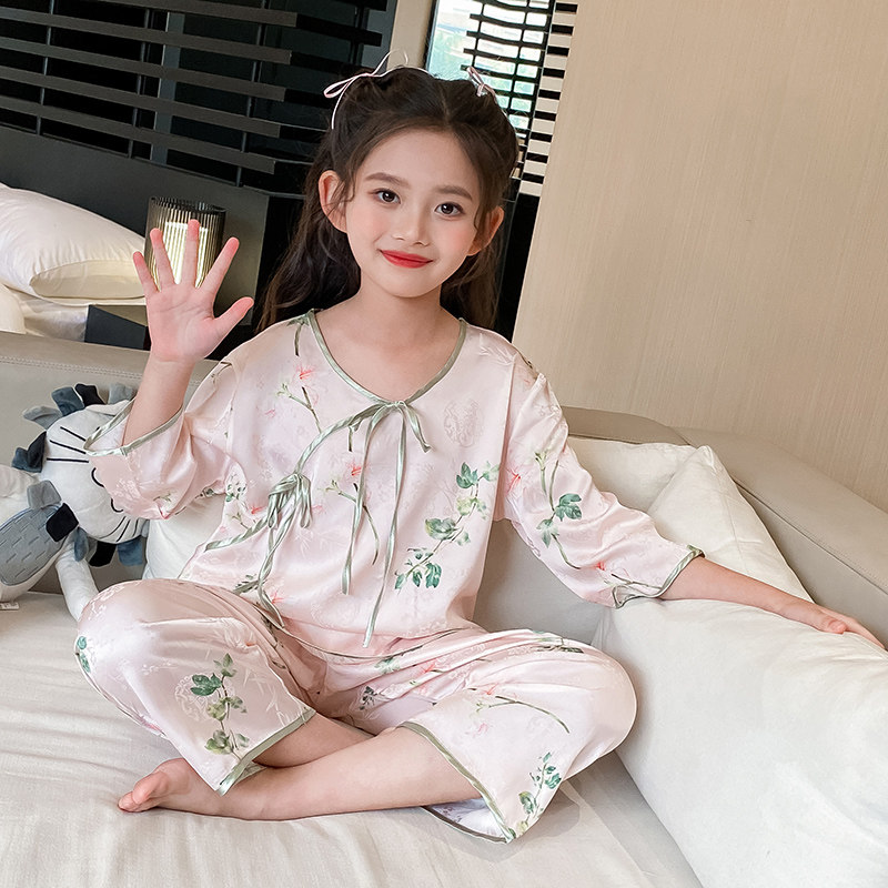 桑蚕丝女童真丝睡衣夏款国风新中