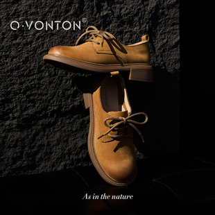 Q.VONTON 英伦主义 真皮复古小皮鞋女春夏简约舒适百搭中跟单鞋