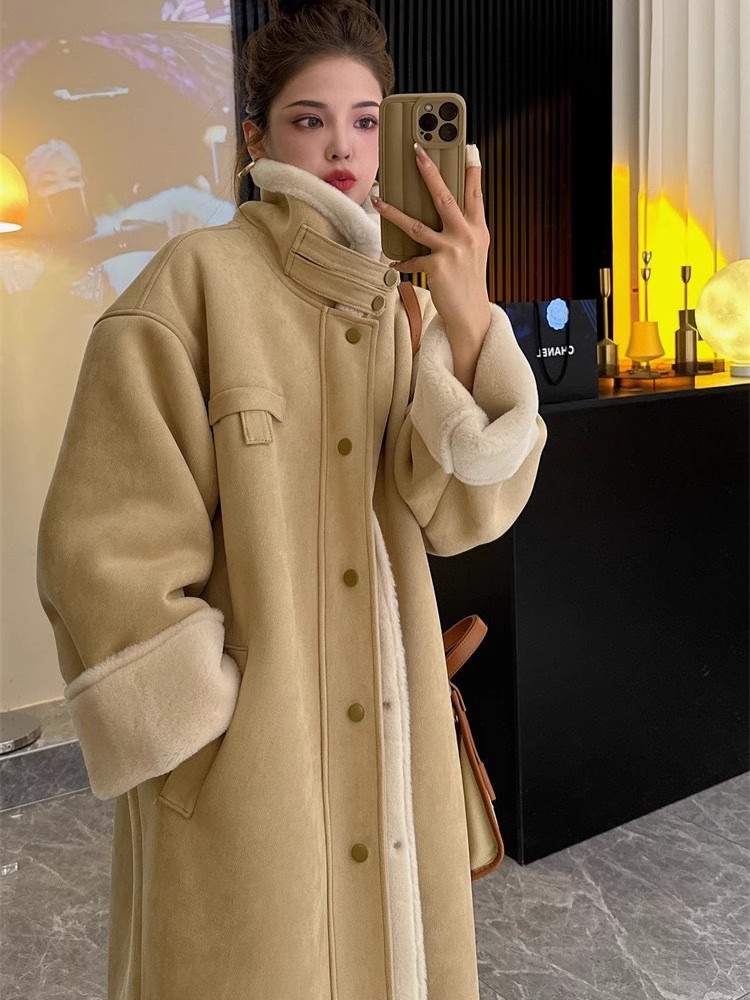 2025秋冬新款环保羊羔毛外套女机车服皮毛一体仿皮草长款保暖大衣