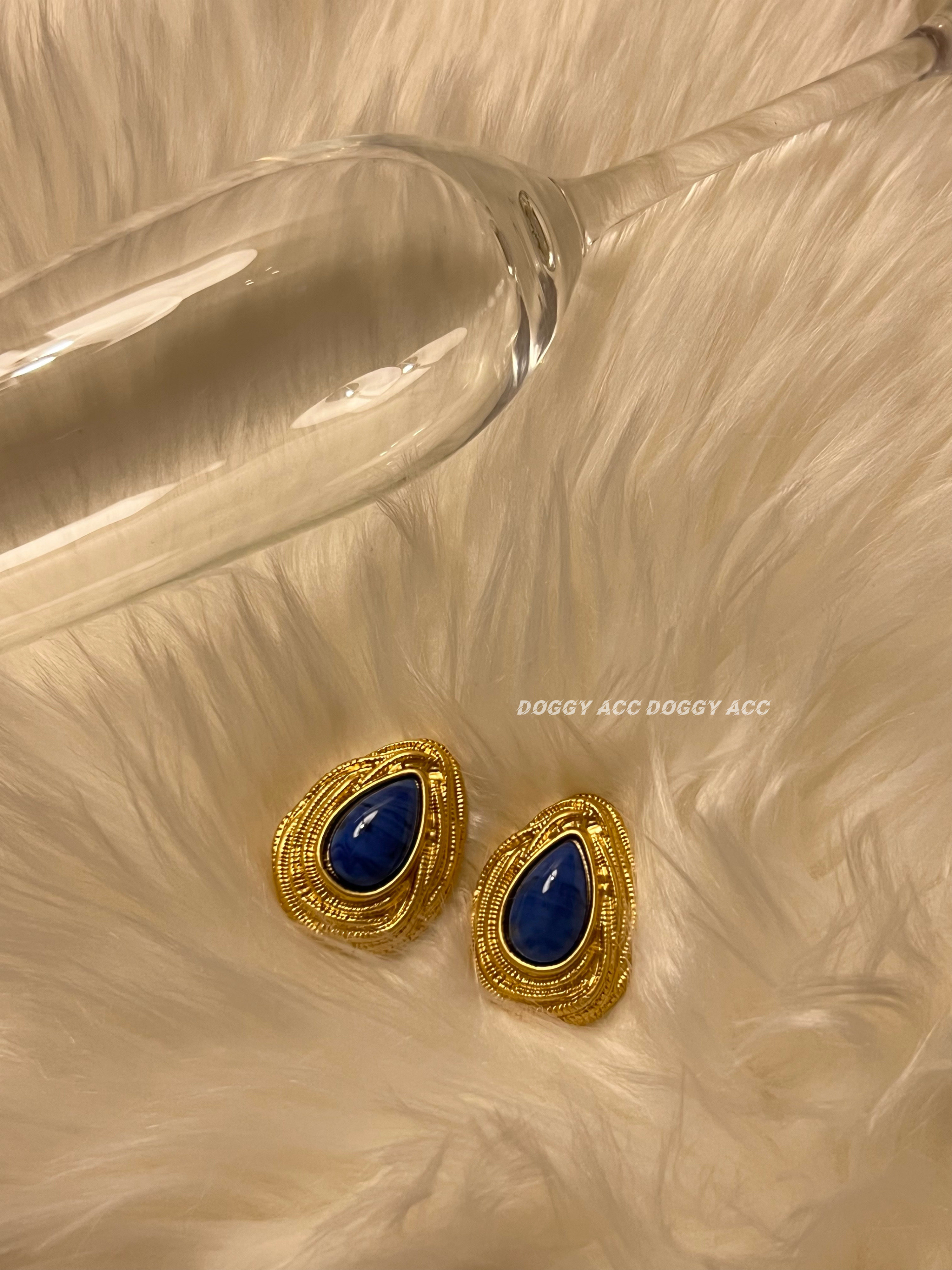 西洋古董蓝宝石vintage老钱风old money金色耳环