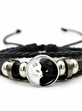 黑白猫阴阳太极皮革手链饰品男热卖配饰爆款编织手饰品