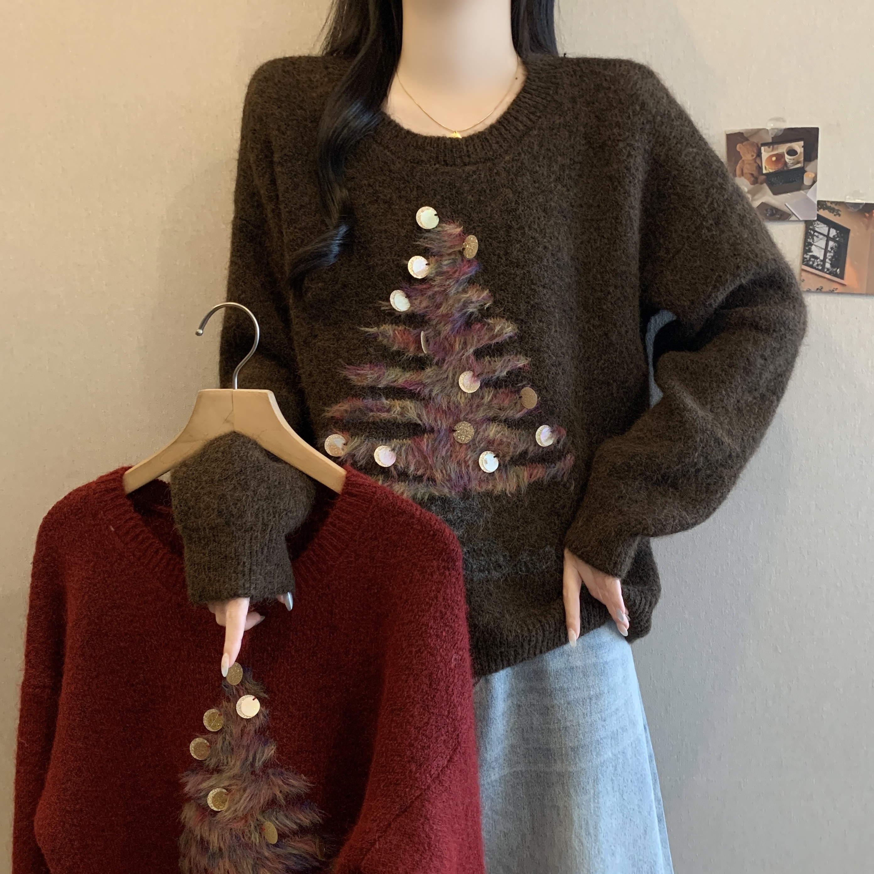 高级感亮片圣诞树刺绣上衣女秋冬大码胖妹妹百搭洋气显瘦宽松毛衣