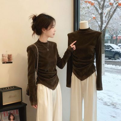 26克精品羊绒 斜领长袖t恤女秋季修身设计感小众内搭打底衫上衣