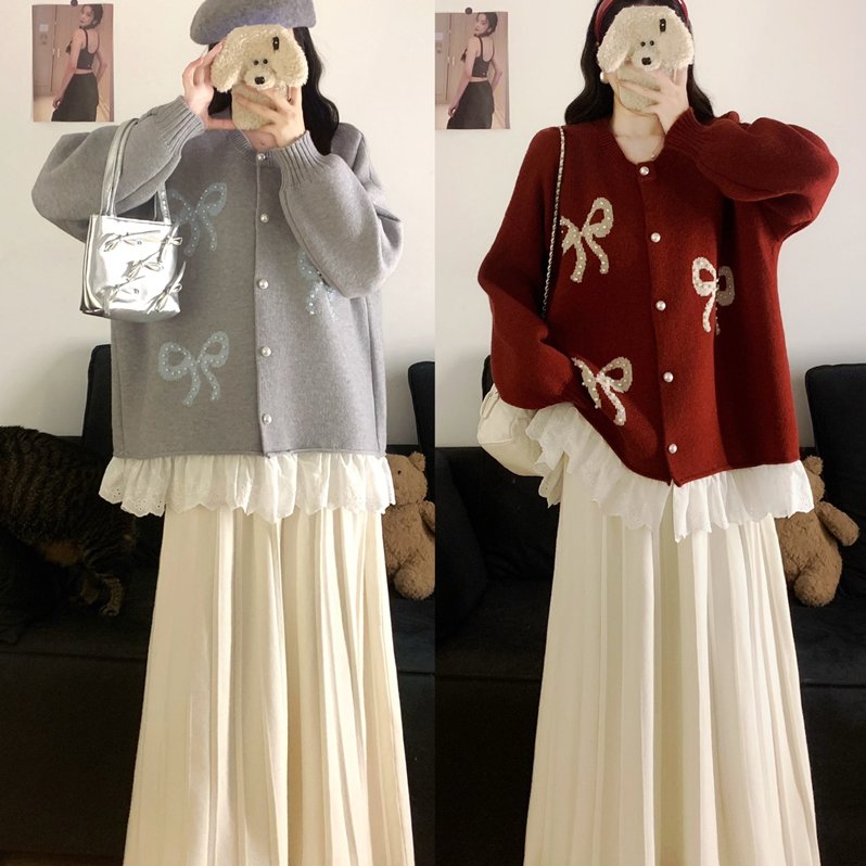 实拍大码女秋冬蝴蝶结钉珠宽松毛衣外套+百褶针织加厚半裙两件套