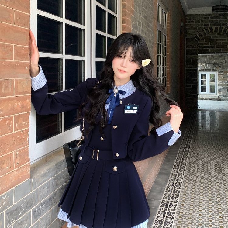 洛斯学院 日系甜美jk制服假两件百褶连衣裙西装外套学院风套装春