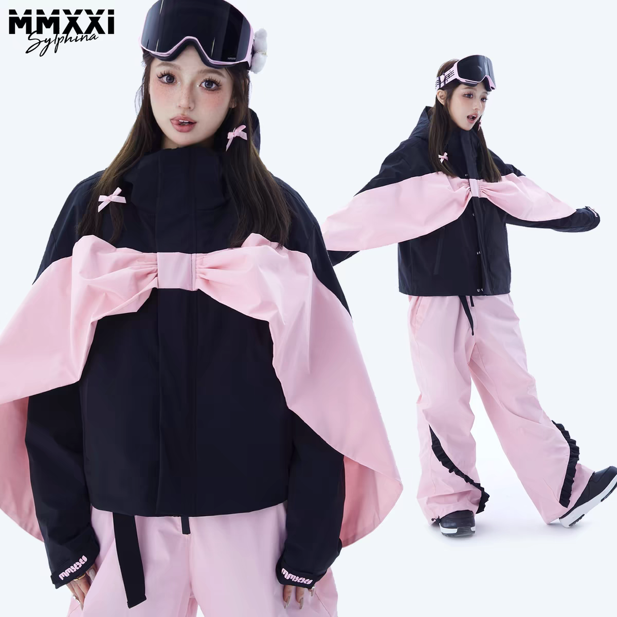 FreeSpin新款MMXXi专业蝴蝶结滑雪服女黑粉色单双板背带雪裤套装