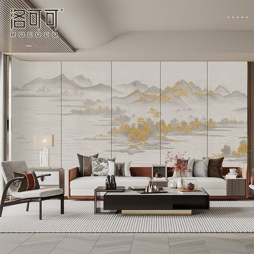 壁纸新中式楼阁山水客厅硬包壁画